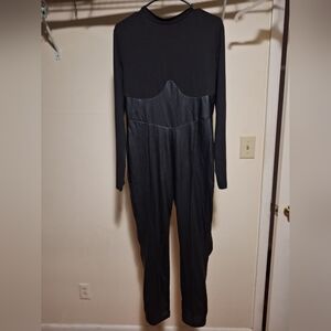 Black Long Sleeve dual material Jumpsuit with pleather bottom